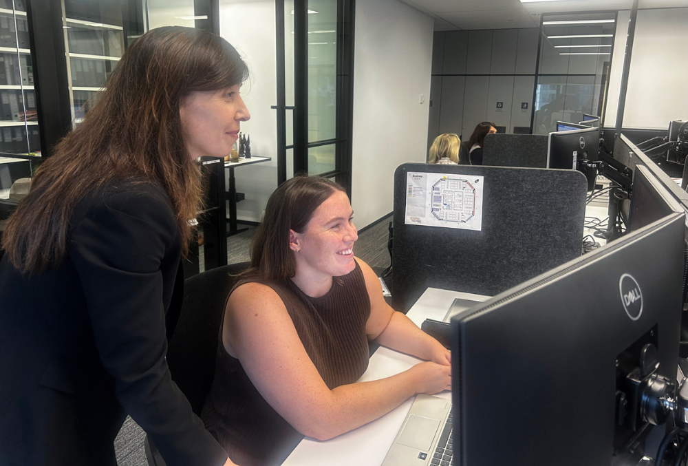 Two women looking at the monitor