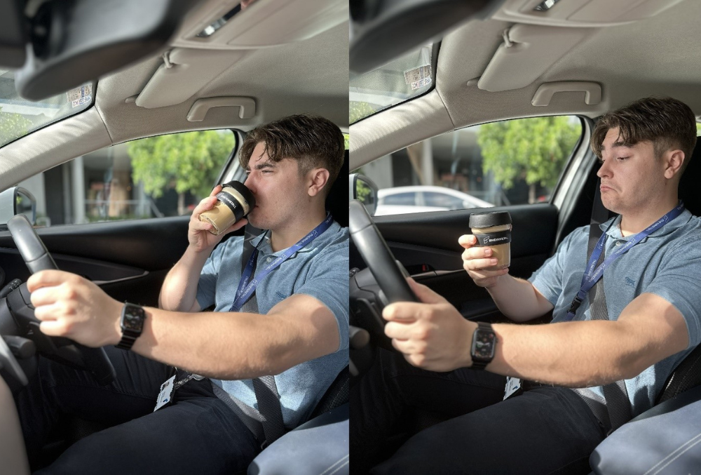 day in the life Rheinmetall Matthew Armanasco driving to work with coffee